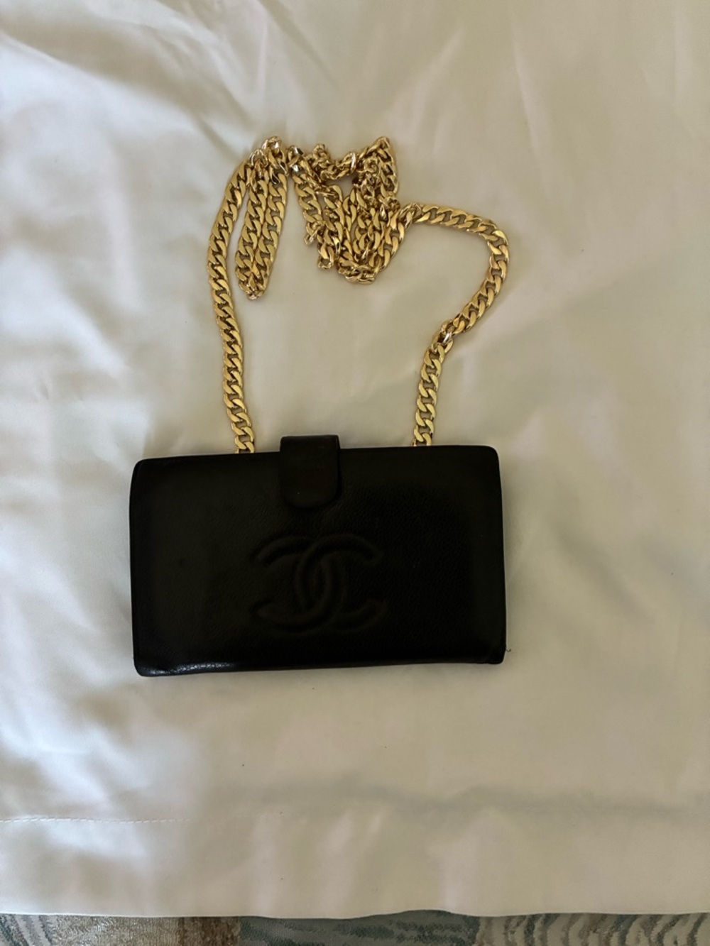 CHANEL Black Leather Up cycled Crossbody Wallet with Gold Chain Strap